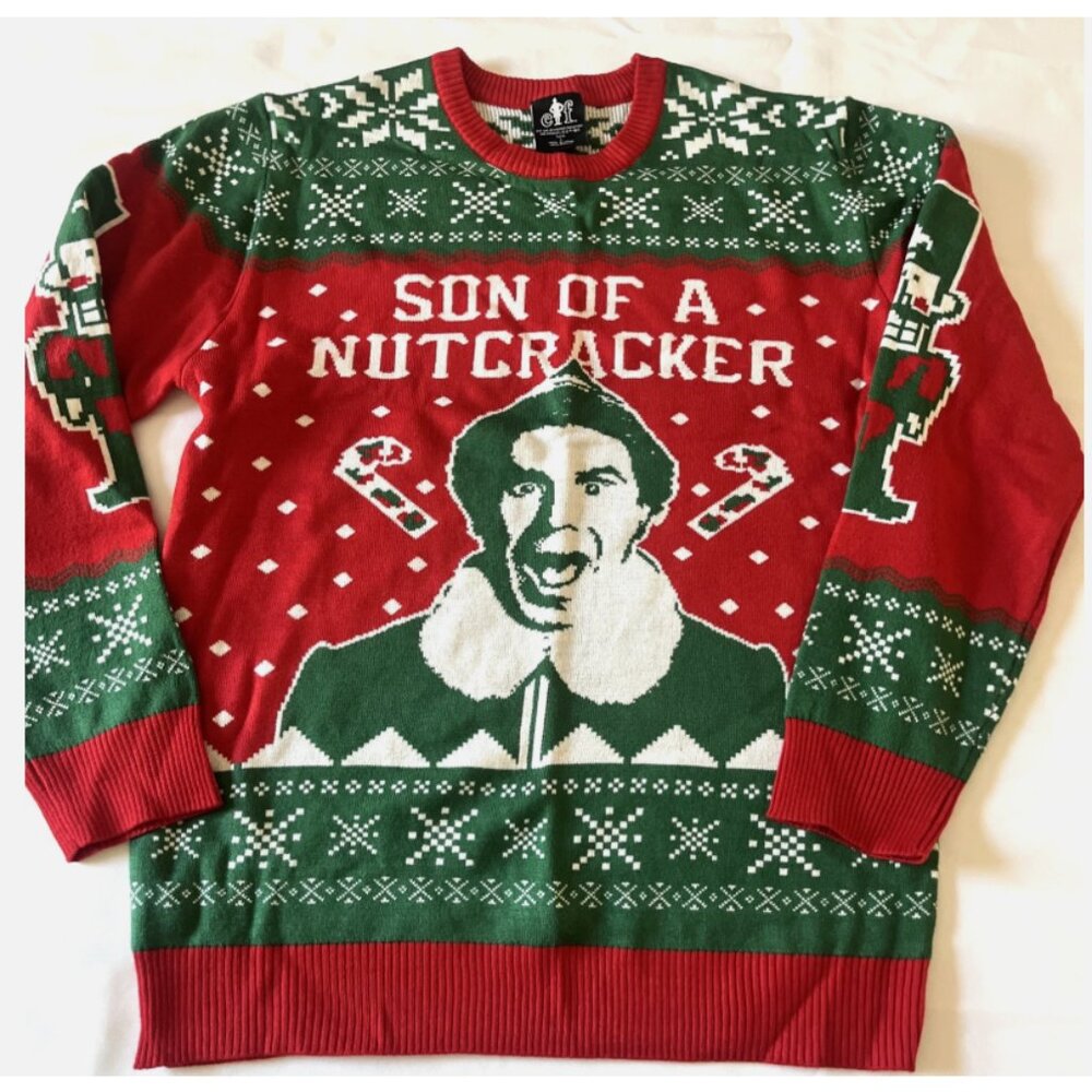 ELF Son of a Nutcracker Holiday Christmas Ugly Knit Sweater Red/Green Size L